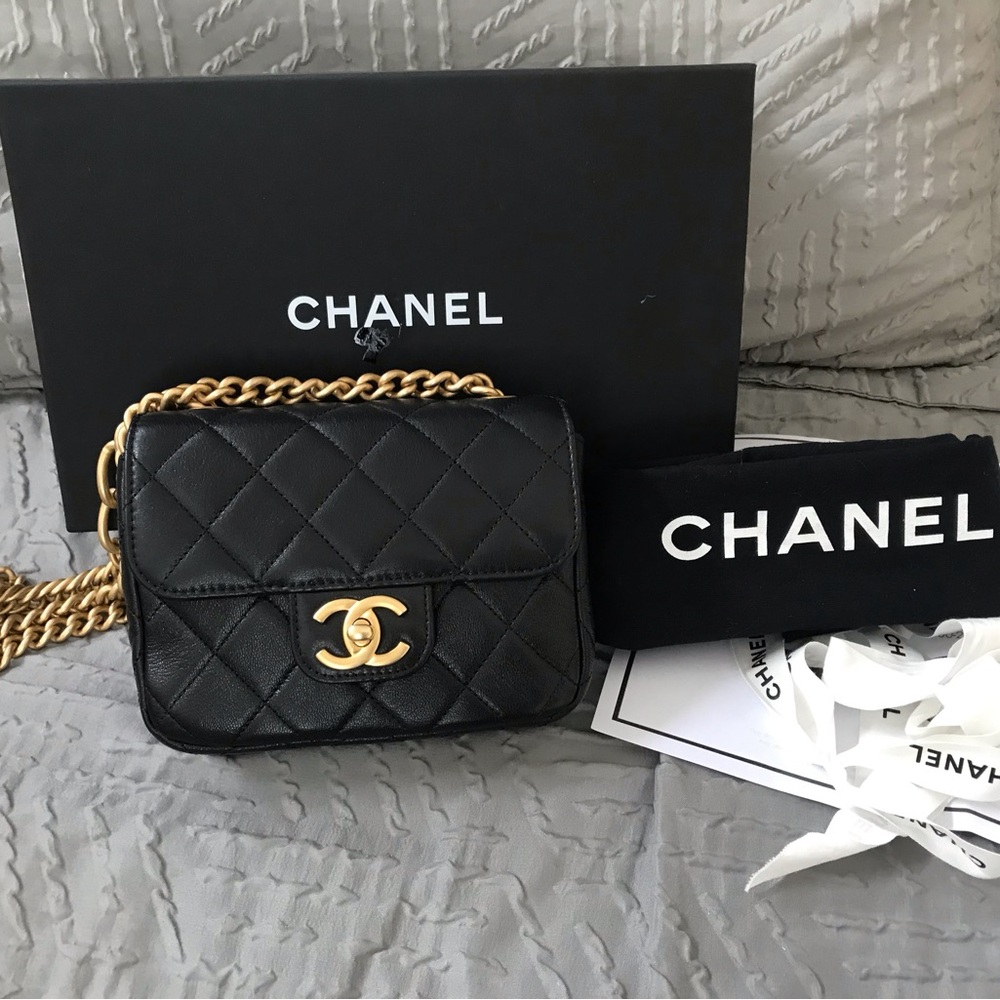 Chanel Mini Square Dual Chain Matte Gold Hardware Shoulder Bag